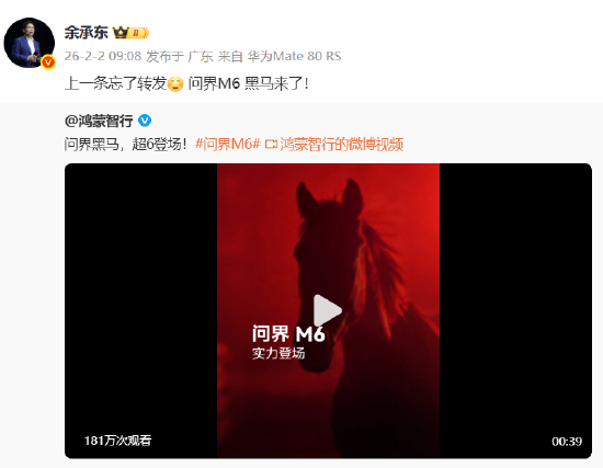 问界M6即将登场,余承东:黑马来了