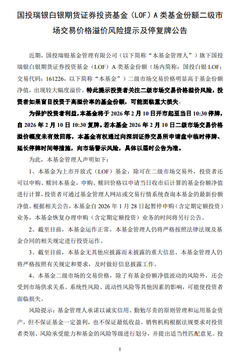 国投白银LOF（161226）复盘涨超8% 公告：2月10日开市至10:30停牌