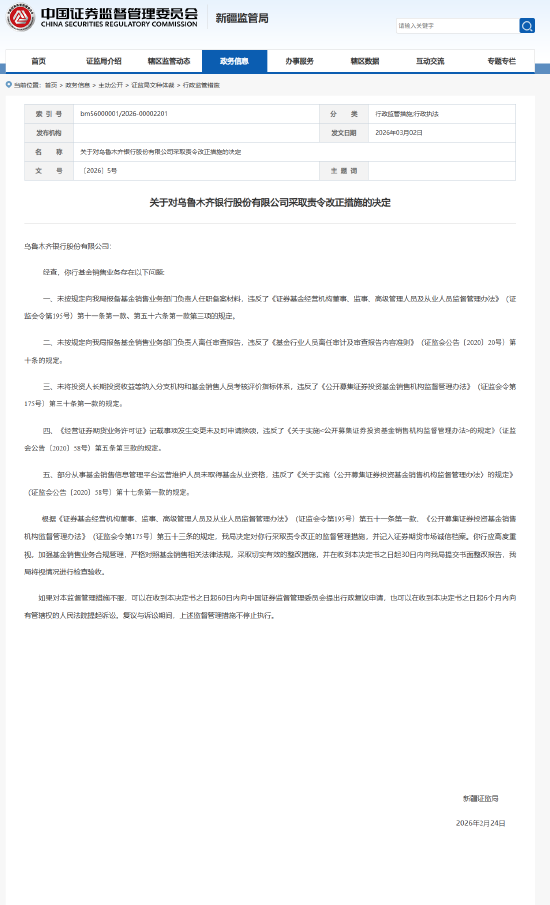 新疆证监局对乌鲁木齐银行采取责令改正措施：基金销售业务存在多项违规问题