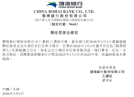 渤海银行：聘任屈宏志兼任首席合规官