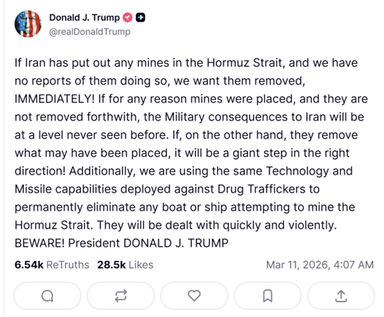 霍尔木兹危机升级！特朗普再度警告伊朗：若布雷，将遭空前打击