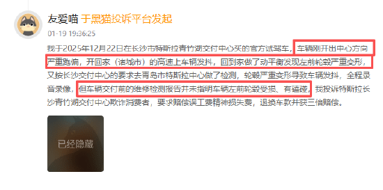 特斯拉登黑猫投诉2025年汽车榜黑榜：新车刚开出店就轮毂变形