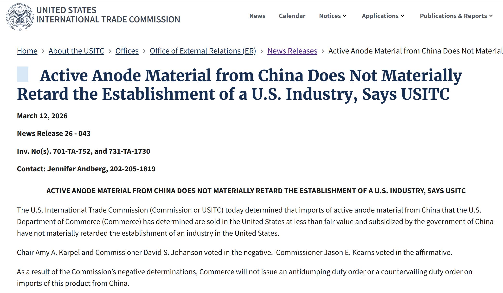 大反转!美国放弃对华负极材料征收双反关税