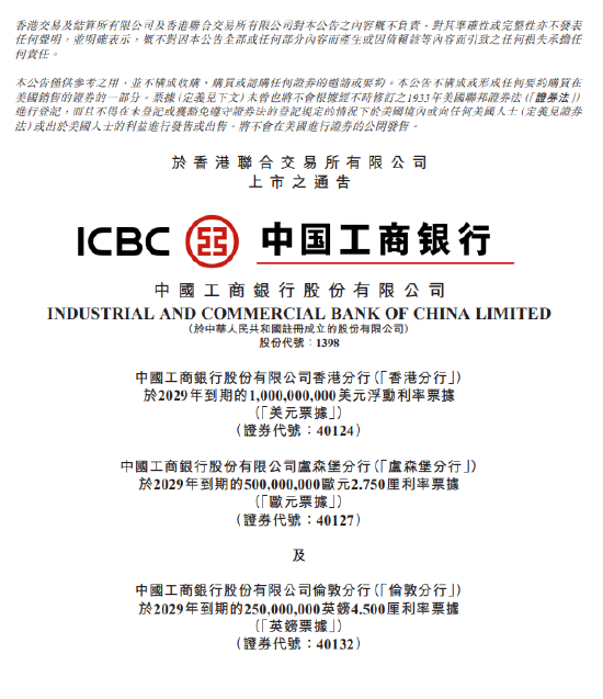 工商银行三地分行发行多币种票据 预计3月17日登录港交所
