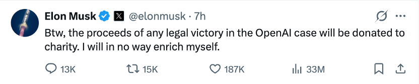 马斯克:如果告赢OpenAI,上千亿美元收益全部捐给慈善机构