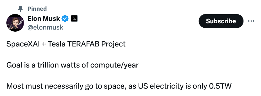 马斯克官宣史上最大造芯计划:年算力产能1太瓦,用于机器人和太空AI项目等
