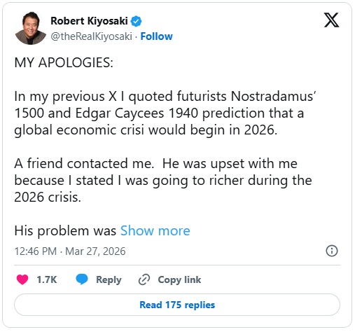 《富爸爸穷爸爸》作者清崎揭示他对“2026年大崩盘”的计划