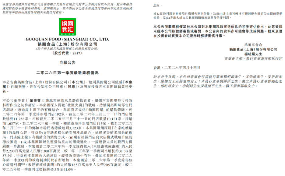 锅圈发布2026年一季报:核心经营利润增速最高达61%