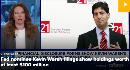 美联储主席候选人沃什财富申报披露：身家超历任主席，资产逾亿美元