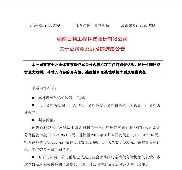 百利科技与化工巨头巴斯夫旗下合资公司发生合同纠纷 涉诉金额合计超1700万元