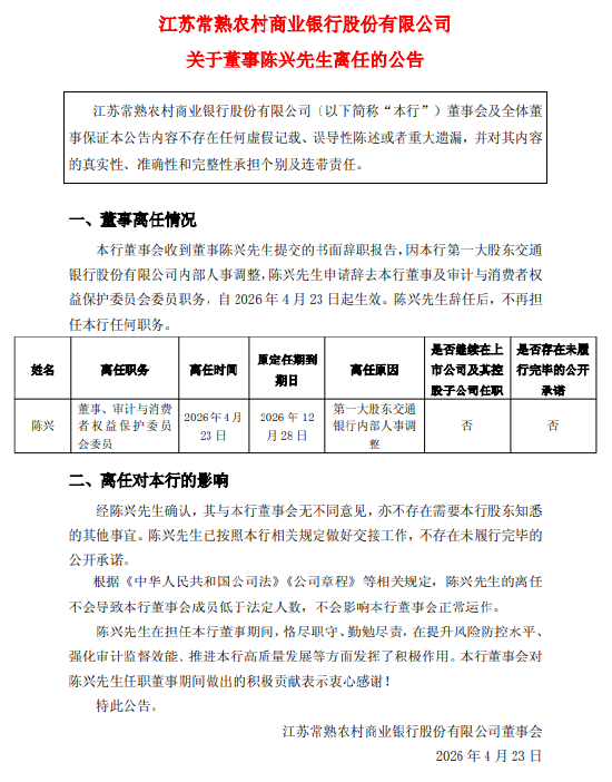 常熟银行：董事陈兴离任