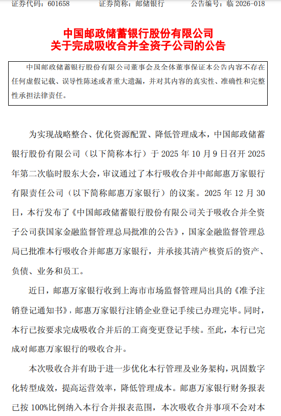 邮储银行：已完成对邮惠万家银行的吸收合并