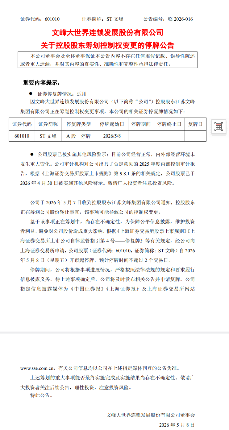 停牌！ST文峰筹划控制权变更！