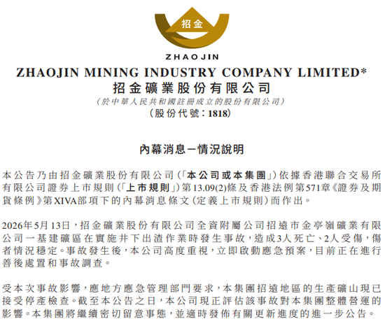 3人遇难、2人受伤！招金矿业旗下矿区凌晨发生事故，已停产检查，股价一度跌超14%！