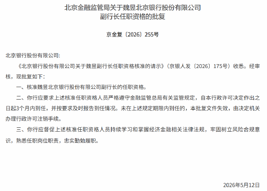 魏昱北京银行副行长的任职资格获监管核准
