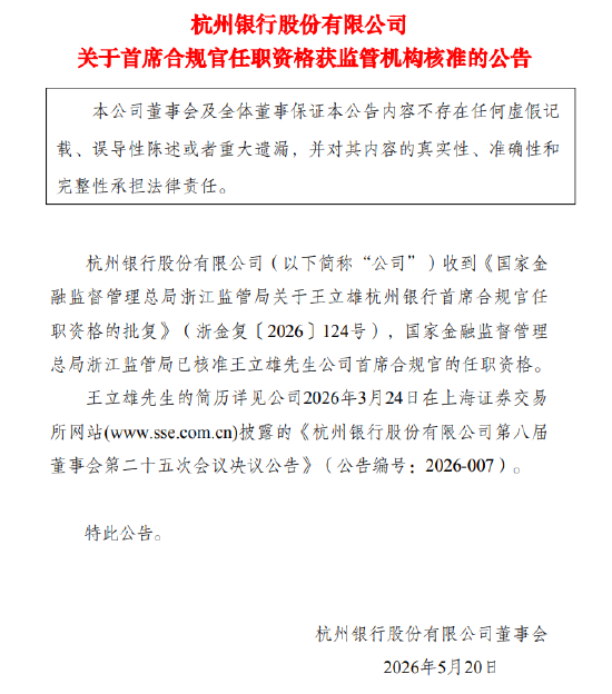 杭州银行:王立雄首席合规官的任职资格获核准